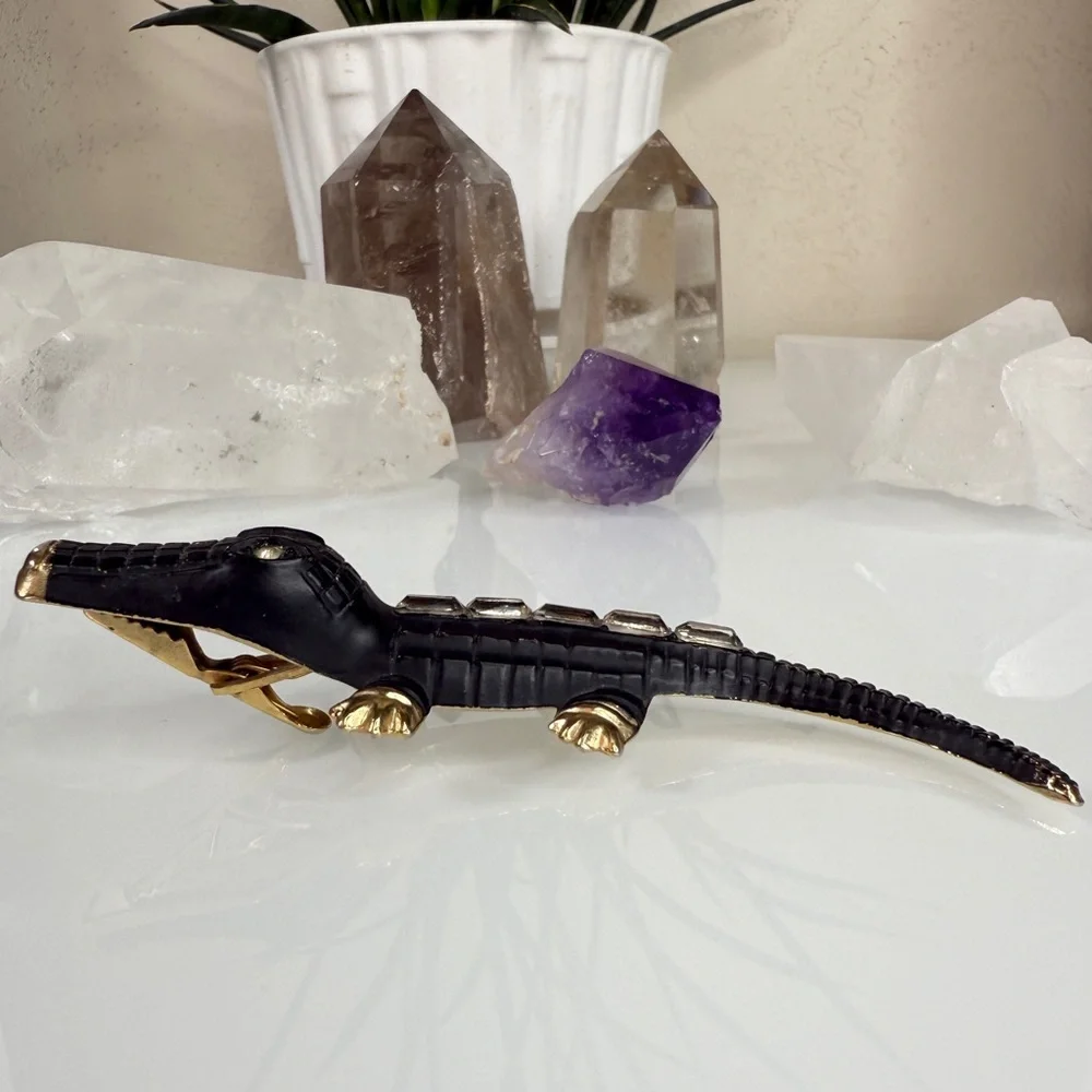 Vintage Gold Tone Metal & Black Alligator / Crocodile Clip - Picture 8 of 15